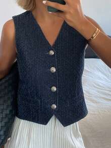 Livesso Women's V-Neck Single-Breasted Casual Denim Vest Summer - Medium Wash - View 2