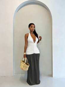 SHEIN BamGlam Đầm mùa hè mới, kiểu dáng gợi cảm, buộc dây cổ, hở lưng, xếp ly, dệt kim, phối màu, xẻ tà, dành cho nữ. - Đen và trắng - Xem 6
