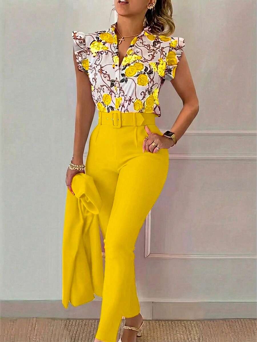 Xyvia Bộ đồ nữ gồm áo tay ngắn, viền bèo nhún, in họa tiết toàn thân và quần (thắt lưng chỉ để trang trí). - Màu vàng - Xem 1