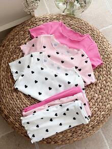 SHEIN 6pcs Baby Girl Knitted Solid Color Heart Pattern Pajama Set, Includes Top And Shorts - Multicolor - View 7