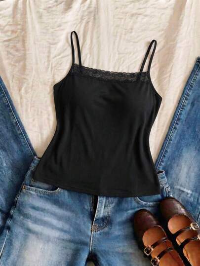 Elaquor Plus Size Spaghetti Strap Tank Top, Square Neck Camisole, Black Camisole, Sexy Square Neck Top, Black Top, Contrast Lace Trim Spaghetti Strap Camisole