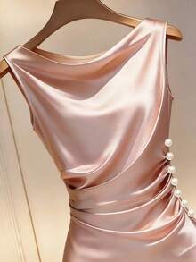 Franclia Champagne Satin Cowl Neck Sleeveless Fitted Dress - Pink - View 4
