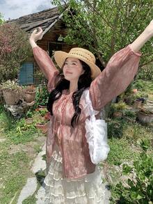 DAZY 女士宽松褶皱系带V领长袖休闲夏季衬衫 - 粉色 - 查看 6