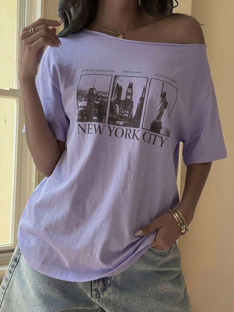 Teen Girl Asymmetric Neck Letter & Graphic Print Short Sleeve T-Shirt Summer
