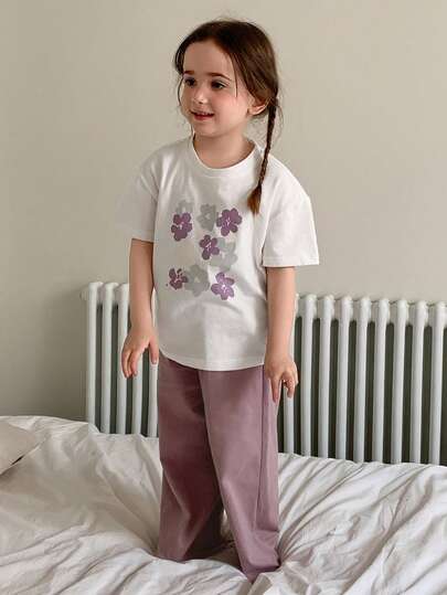 Dazy Kids Floral Print Short Sleeve T-Shirt For Girls, Loose Casual Top, Summer