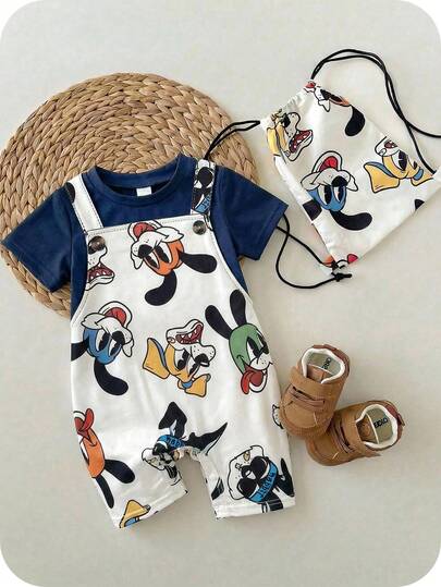 SHEIN 男婴舒适休闲可爱卡通动物印花短袖连体衣，撞色设计，适合室内、室外、日常穿着、运动、玩耍、派对、拍照、度假、节日、春夏穿着。