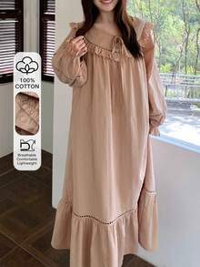 Dazy Plus Plus Size Women Ruffled Lantern Sleeve Long Nightgown, Sweet Home Dress For Spring & Summer Pajamas - Khaki - View 1