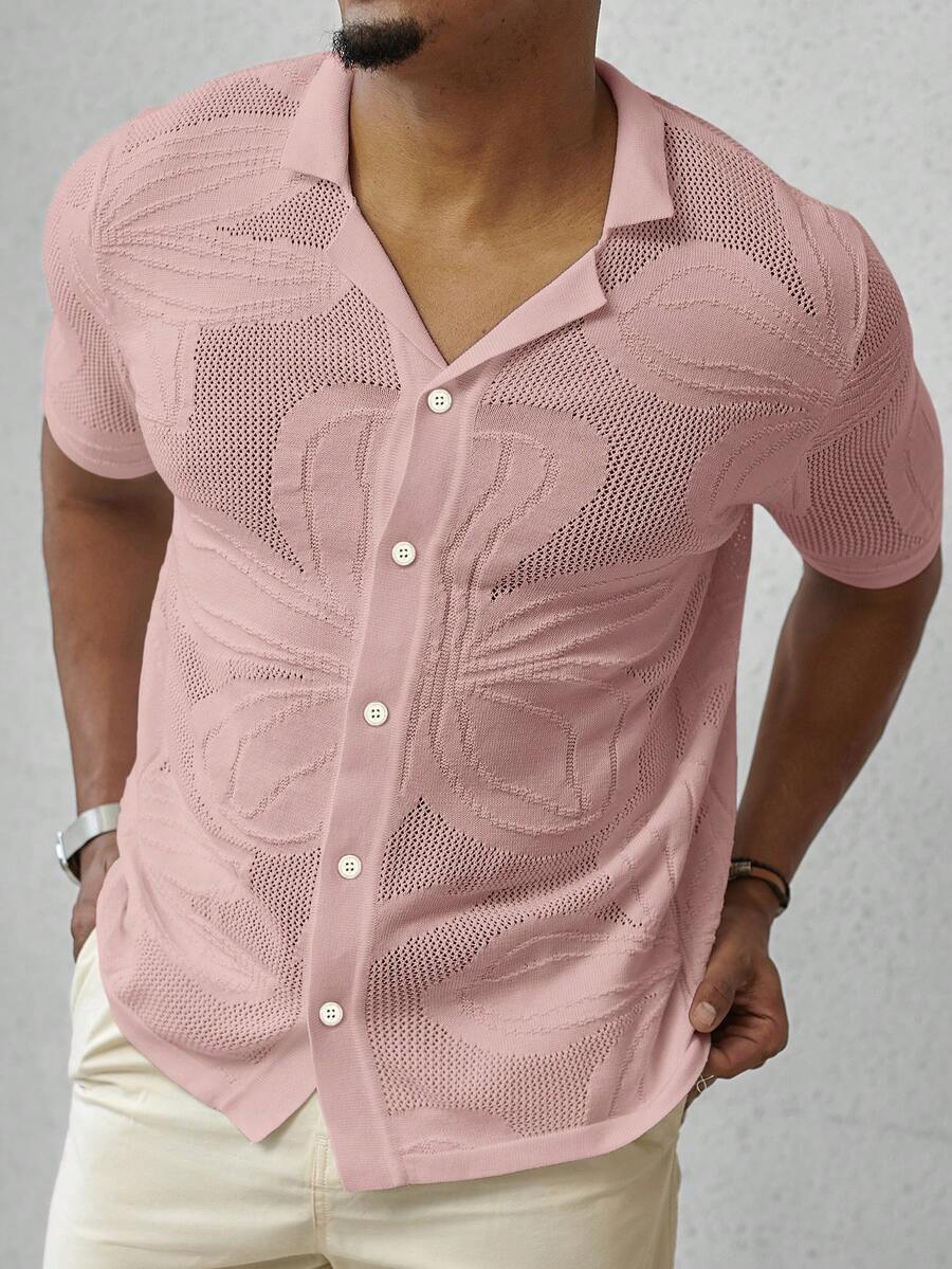 Manfinity Homme 男士夏季休闲度假纯色提花短袖单排扣镂空针织上衣 - 淺粉色 - 查看 1