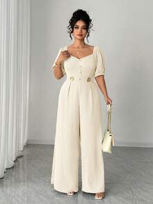 Elenzga Bộ jumpsuit dáng rộng, thanh lịch, cổ vuông, tay ngắn, cài cúc kim loại, thích hợp cho mùa xuân/hè, đi học, nghỉ lễ, tốt nghiệp, Ngày lễ tình nhân, Giáng sinh, lễ hội âm nhạc, Ngày của Mẹ, Halloween, Lễ Tạ ơn, Lễ Phục sinh, Ngày Quốc khánh, dạ hội, tiệc hẹn hò, mùa cưới, dã ngoại. - Màu be - Xem 5