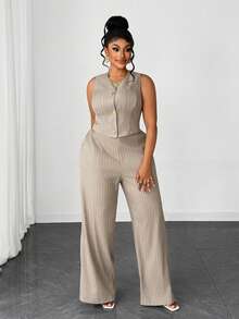 Maweii Plus Size Casual Wide Leg Sleeveless Business/Commute Romantic 2 Pieces Set Gym Brown Summer - Khaki - View 4