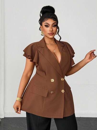 Maweii Áo blazer dáng ôm eo, màu nâu, tay bồng, kiểu dáng thường ngày, cỡ lớn, thanh lịch, cài hai hàng khuy.