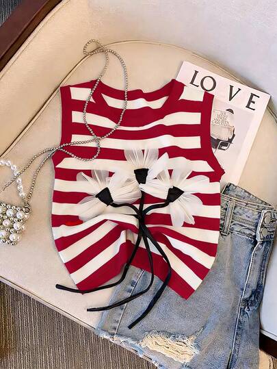 GlowEve Women's Summer Casual Striped 3D Floral Decor Tank Top