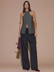 Blusa elegante de color café sólido con cuello halter sin espalda para mujer, top elegante, top con estilo de envoltura cruzada, otoño/invierno - Gris Oscuro - Ver 4