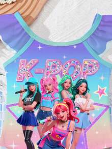 SHEIN 少女卡通女孩、多彩、K-Pop 超級巨星、卡通女團、泳衣印花圖案、荷葉袖連身泳衣 - 彩色 - 查看 3