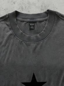 ROMWE MEN Camiseta con estampado de estrella de cinco puntas desgastada para hombres - Negro - Ver 3