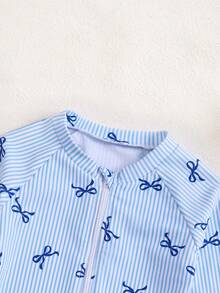 SHEIN Pelele casual de playa con mangas raglán a rayas y lazo para bebé niña - Azul - Ver 3