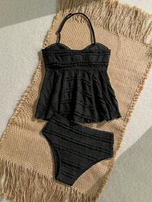 SHEIN Tween Girl/Tween Girls Jacquard Knit Black Halter Ruffle Tankini Swimwear Set - Black - View 2