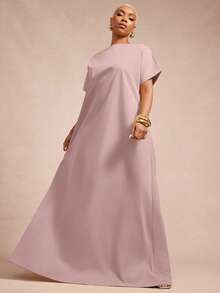 Vixey Drop Shoulder Sleeve Deep Open V Neck Back Maxi Woven Dress, Summer Comfy Oversized Dress - Dusty Pink - View 3