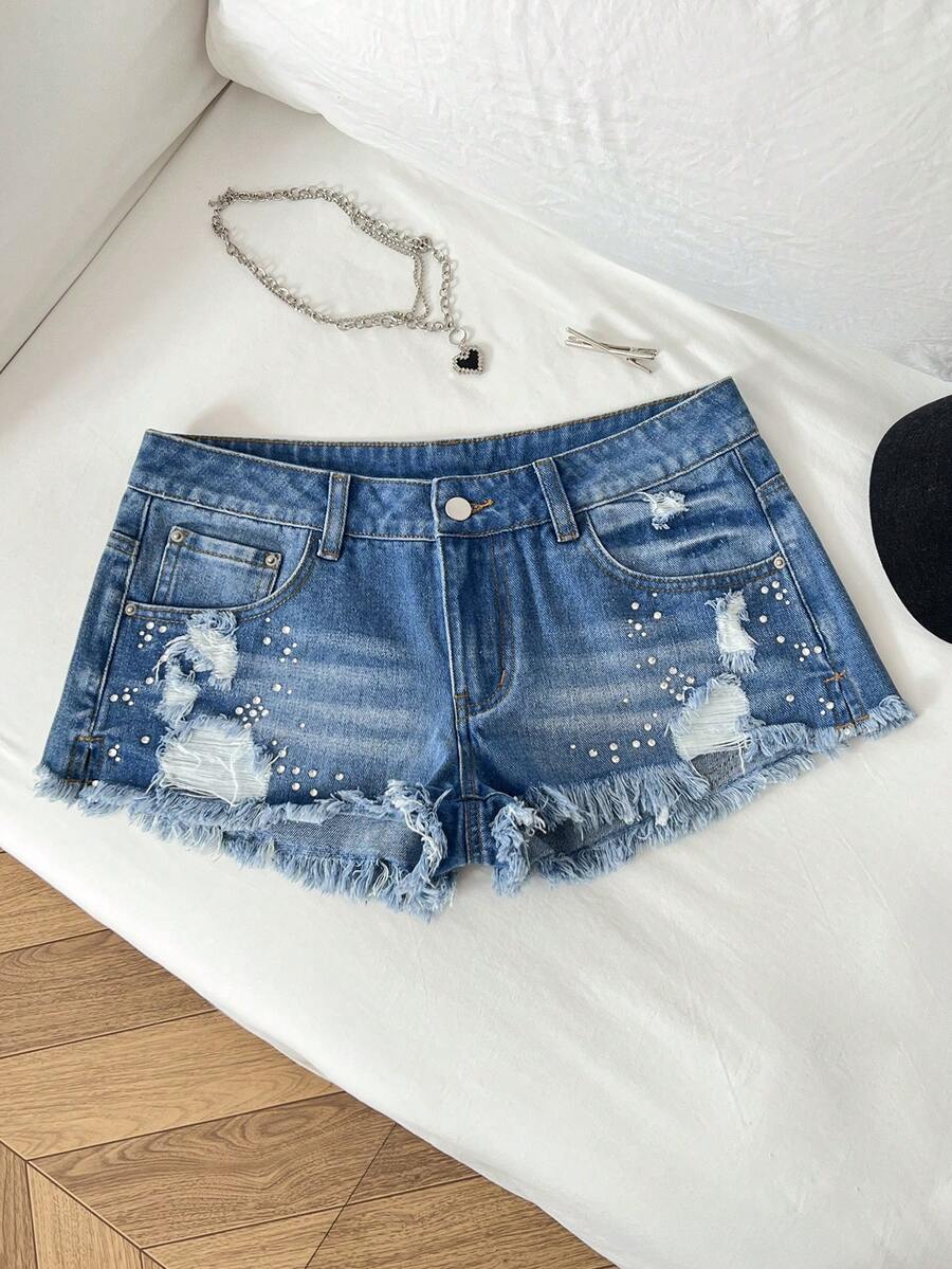 Elamini Shorts vaqueros de talle bajo con efecto desgastado y adornos de strass, estilo casual Y2K - Azul lavado medio - Ver 1