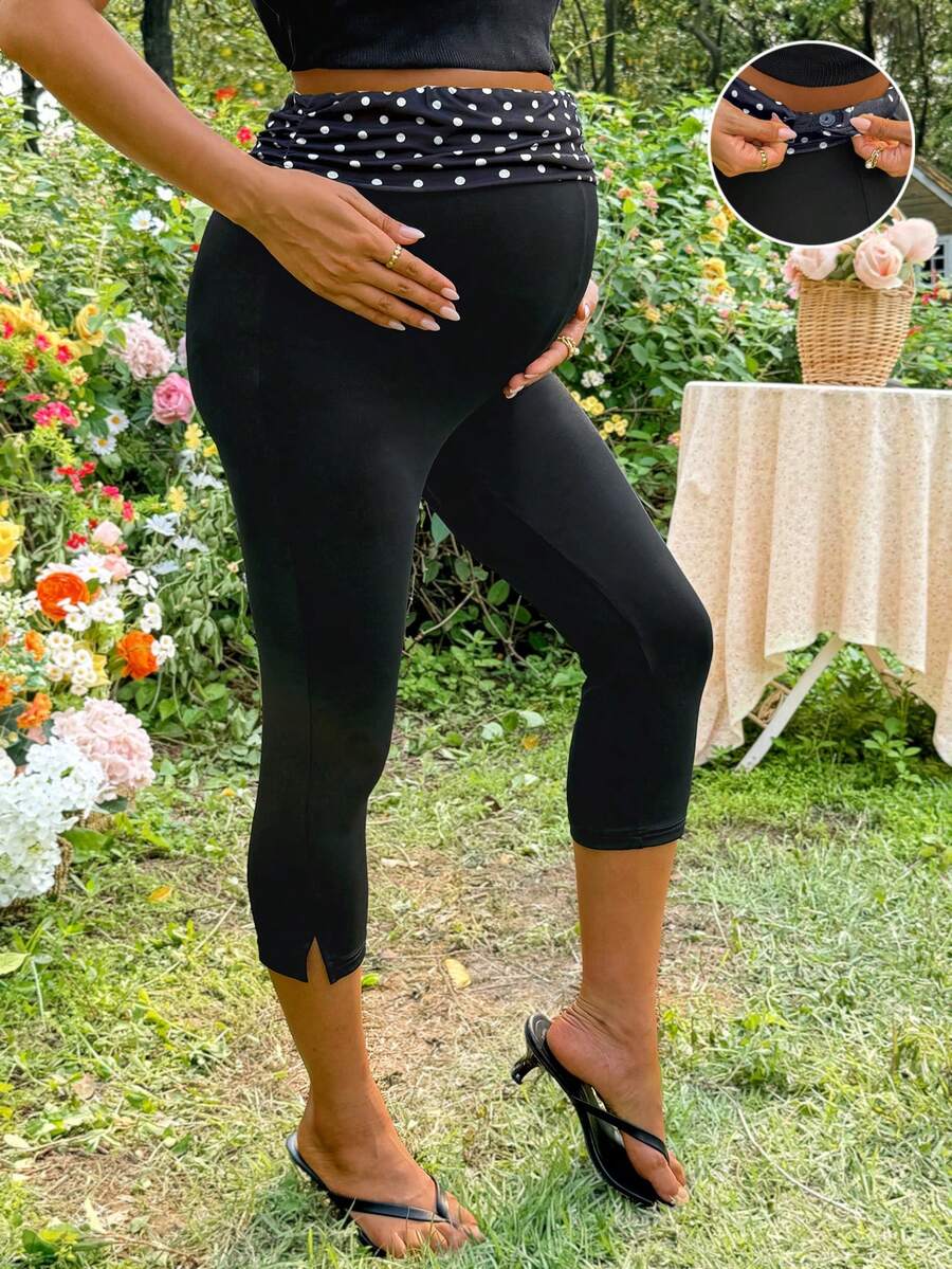 Modmama Quần legging bầu họa tiết chấm bi phối nhiều mảnh - màu đen - Xem 1