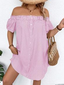 EMERY ROSE Plus Size Off-Shoulder Short Sleeve Striped Casual Loose Dress - Dusty Pink - View 6
