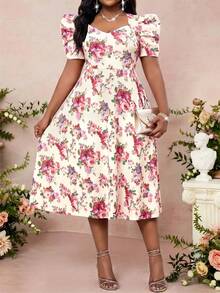 Lady Vestido elegante de manga abullonada con cuello de corazón y textura de unicolor para mujer de talla grande - Multicolor 5 - Ver 6