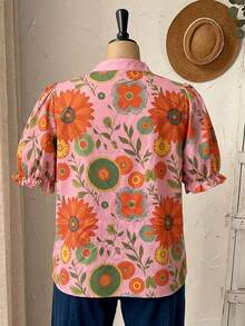 Rusticease Plus Size Women's Pink Floral V-Neck Ruched Summer Boho Vacation Holiday Blouse,Loose Fit Vintage Country Short Sleeve Daily Wear Tops - Coral Pink - View 2