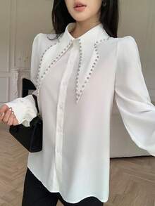 Modelyn 新款镶钻简约白色女式衬衫 - 白色 - 查看 5