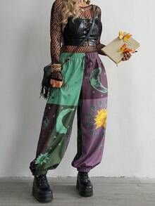 Flirla Plus Size Dark Style Patchwork Print Loose Pants Fall - Multicolor - View 1