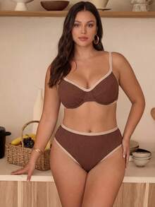 Swim Chiccia Plus Size Contrast Trim Minimalist Swimwear Set - Brown - View 5