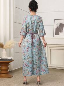 Yasmyna Floral Print Women's Short Sleeve Arabic Style Dress - Blue - View 7