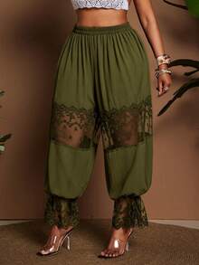 Maweii Plus Size Women Lace Patchwork Pleated Casual Versatile Daily Wear Lantern Pants - Dark Green - View 4