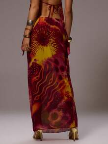 MUSERA Chiffon Low Rise Maxi Co-Ord Printed Skirt Only Sexy Summer Spring Rave Festival Holiday Vacation Ibiza Party Going Out Urchin - Pink - View 4