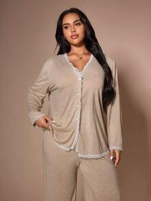 Lazeform Women's Casual V-Neck Knit Cardigan With Lace Trim, Long Sleeve Long Sleepwear Set, Plus Size - Khaki - View 5