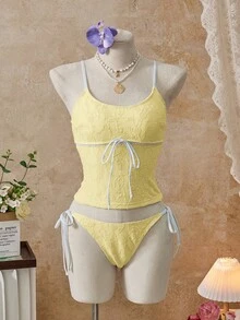 Swim Mod 26SS 春夏度假沙滩可爱蓝色蕾丝花朵蝴蝶结比基尼两件套 - 黃色 - 查看 7