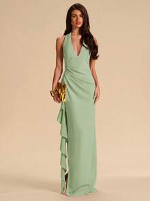SHEIN BAE Spring & Summer Bridesmaid Dress, Deep V-Neck Halter Ruffle High Slit Ruffled Wrap Long Red For Women, Elegant Maxi - Mint Green - View 3