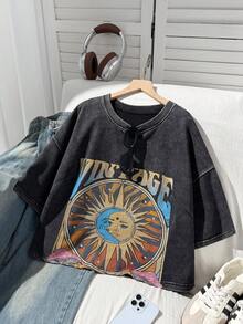 Comfortcana Plus Size Short Sleeve Cotton T-Shirt, Washed Snowflake Design, Summer Music Festival White Streetwear Brunch - Black - View 1