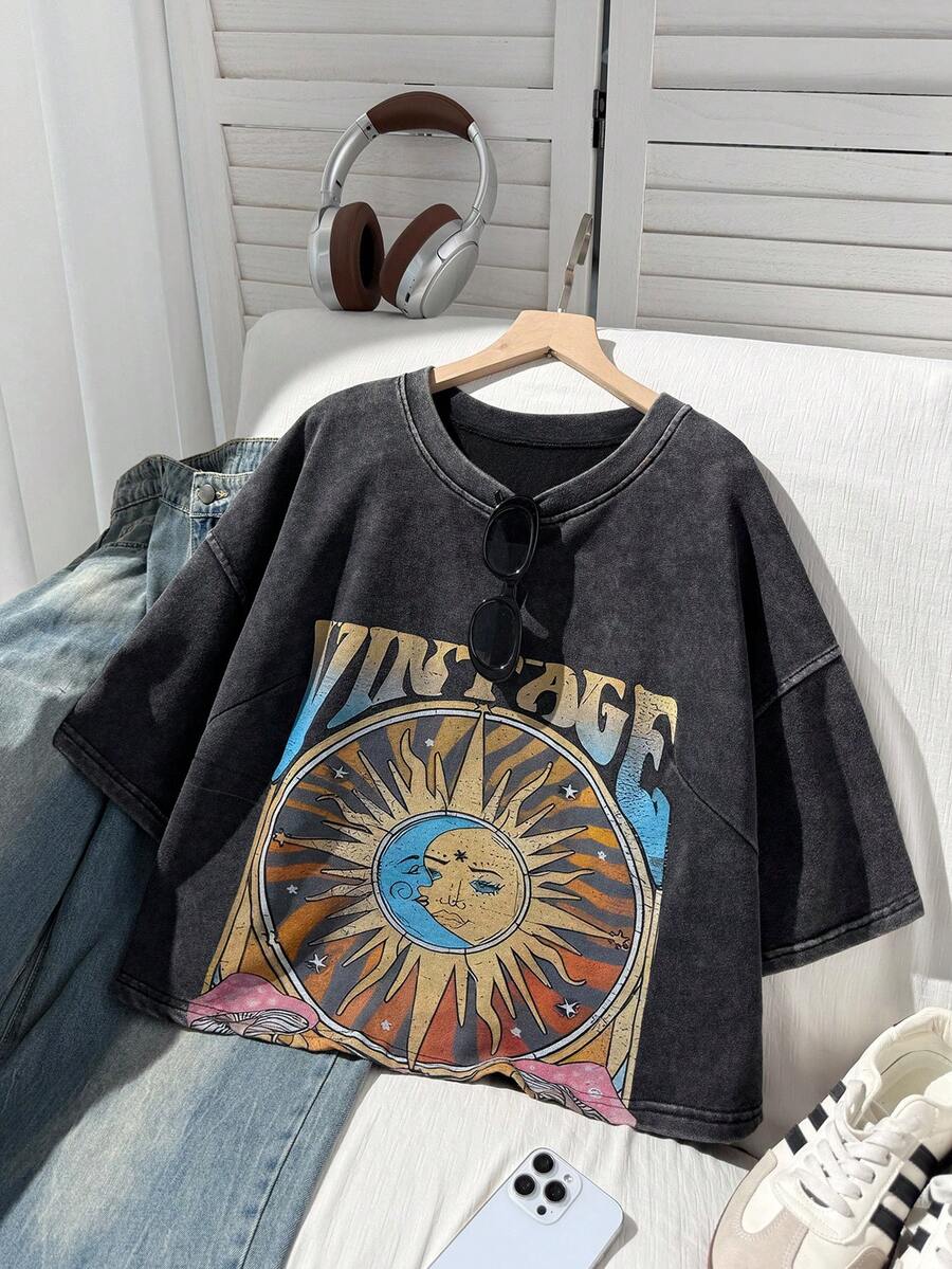 Comfortcana Plus Size Short Sleeve Cotton T-Shirt, Washed Snowflake Design, Summer Music Festival White Streetwear Brunch - Black - View 1