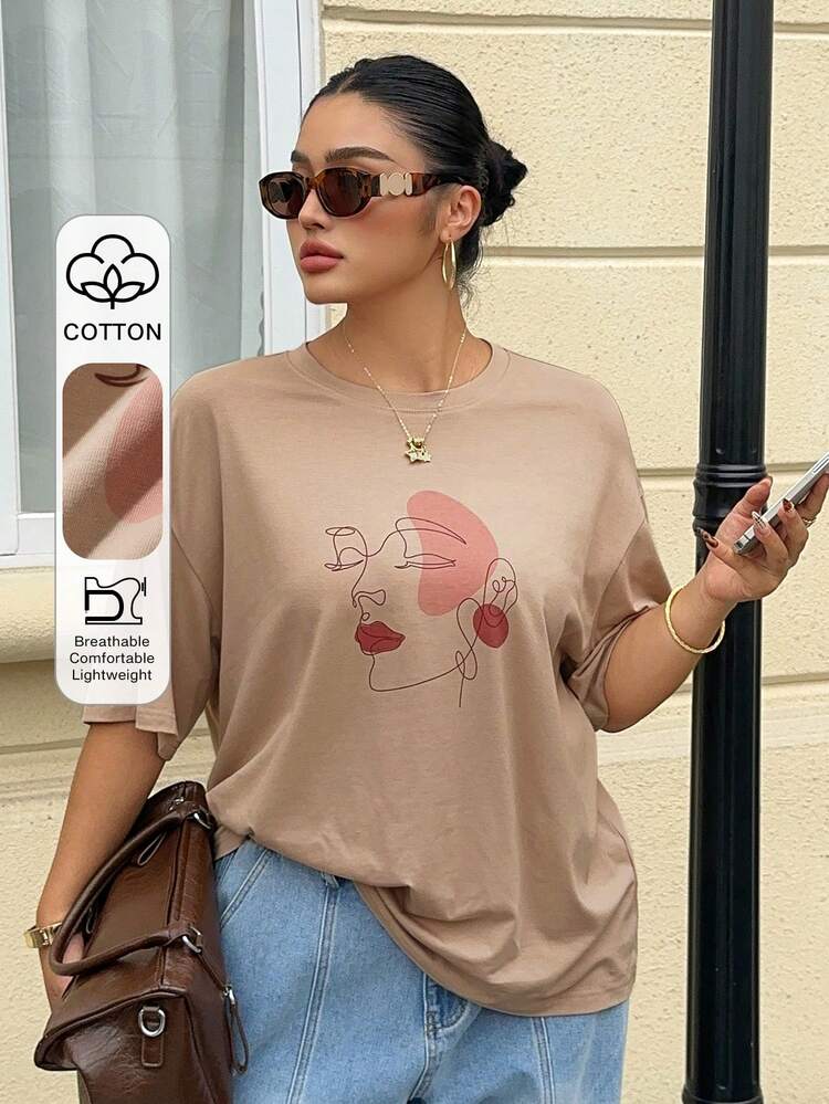Dazy Plus Graphic Print Round Neck Casual Loose Plus Size Women Short Sleeve T-Shirt, Spring/Summer