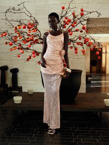 Arave Vestido camisero con abertura alta, bordado de lentejuelas y malla - Dorado - Ver 5