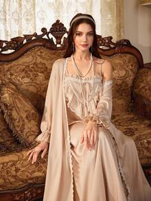 SHEIN 刺绣饰边拼接长袖睡袍+吊带双层荷叶边设计睡裙女士睡衣套装 - 杏色 - 查看 1