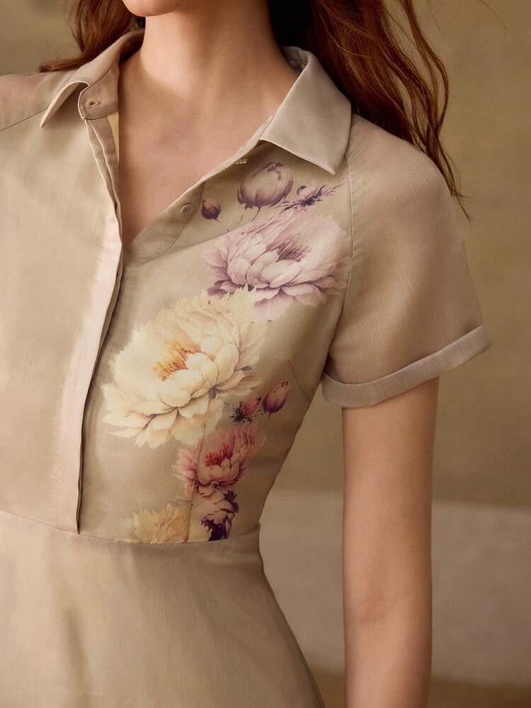 FLORAL PRINT RAGLAN SLEEVE FLARE HEM DRESS MAXI ORGANZA WOMEN OUTFIT