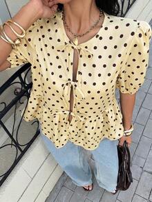 Camisa de mujer de cuello redondo y manga corta, camisa con estampado de cebra con lazo y manga abullonada, blusa de mujer de verano con volantes en el bajo y cuello en V, ajuste regular, manga abullonada, uso casual diario, blusa casual con es - Albaricoque - Ver 2