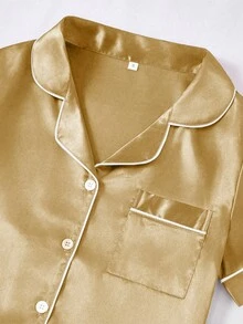 SHEIN Bộ đồ ngủ nữ 3 món phối màu tương phản, chất liệu giả lụa, cổ ve áo. - Màu vàng - Xem 5