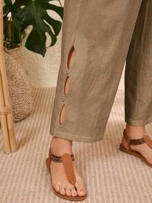 Rosumi Plus Size Vacation Casual Solid Color Hollow Out Pants,Summer Outfits For Women,Vacation Outfits Woman - Khaki - View 5