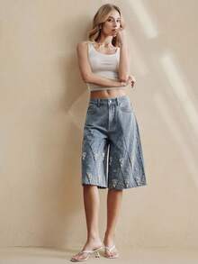 Anewsta Celana Jeans Wanita Biru Model Lurus dengan Hiasan Mutiara Terbaru - Biru - View 7
