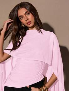 SHEIN BAE Poncho de mujer de color marrón con cuello de chal, parte superior de suéter ajustada con pliegues, blusa de punto elegante para otoño/invierno - Rosa Pálido - Ver 6