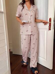 SHEIN Striped Bow Print Lapel Short Sleeve Pajama Set For Women - Brown - View 3