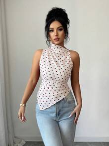 Rafferiza Áo tank top nữ màu đỏ chấm bi, dáng ôm, vạt bất đối xứng - Đỏ và trắng - Xem 6