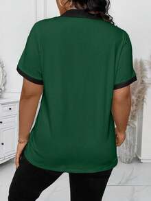 SHEIN CURVE+ Plus Size Women Casual Commuting Outdoor Versatile Contrast Color Short Sleeve T-Shirt, Spring/Summer - Green - View 2